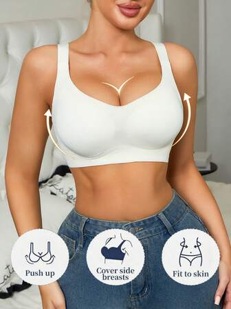 1 pieza Sujetador cómodo para mujer de unicolor, con alta elasticidad, sexy, transpirable, con recogido, tirantes ajustables