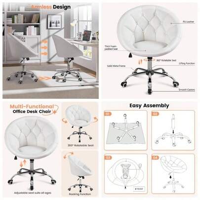 Faux Leather Accent Chair Modern Swivel Height Adjustable Vanity Chair Bedroom, Study, Office White