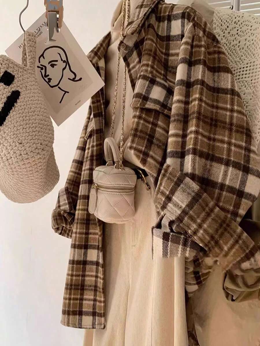 女士复古格纹磨毛衬衫，长袖纽扣衬衫式外套，带领子和口袋，适合秋冬春季休闲日常穿着。 - 咖啡棕 - 查看 1