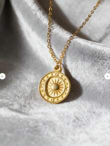 1pc Stainless Steel Minimalist Gold Crescent Moon, Star And Sun Shaped Round Pendant Necklace, Suitable As Gift For Best Friend