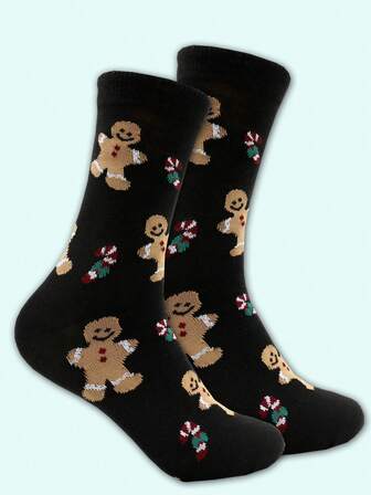 1 Pair Women's Gingerbread Man Christmas Graphic Mid-Calf Socks