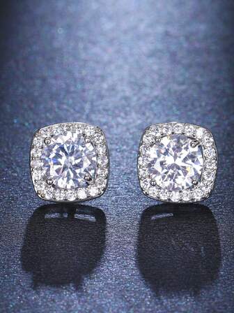 1 对时尚简约白色方晶锆石耳钉，男女通用日常配饰