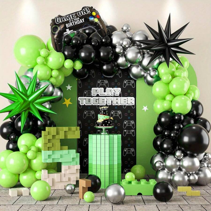98pcs Green & Black Gaming Theme Latex Balloon Garland Set, Suitable For Gaming Theme Birthday Party, Teal & Black Balloons, Motorcycle Party, Gaming Balloon Arch, Gaming Theme, Gaming Birthday Decor, Birthday Party Games - Multicolor - View 1