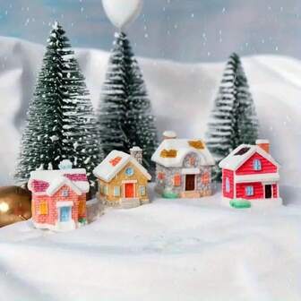 4pcs Christmas Village Resin House Decor Set, Fairy Tale Garden Snowy Landscape Mini Model, DIY Handmade Decoration, Indoor & Outdoor Use, No Electricity Required, Holiday Home Decor | Romantic Village Scene | Detailed Craftsmanship, Christmas Decoration, Best For Christmas
