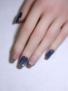 10 pezzi di unghie finte quadrate corte, stile francese, design autunnale e invernale, colore blu e nudo, stile occhio di gatto, fatto a mano, pronte all'uso, riutilizzabili, prodotti per la manicure e la bellezza delle unghie