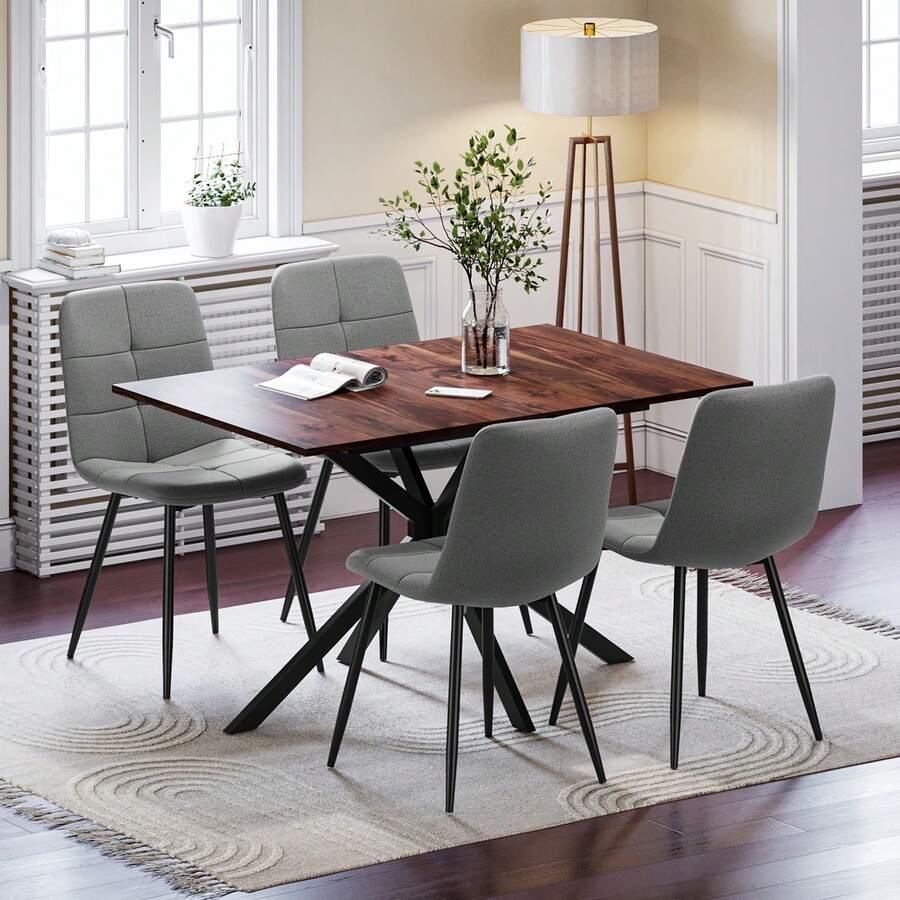 Jooli H Extendable Dining Table And Chairs Set Of 4, Easy Clean Rectangular Dining Table With Padded Chairs Durable Dining Furniture Set Suitable For Dining Room And Kitchen, Wood Grain Table With Linen Grey Chairs