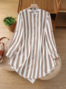 女式条纹纽扣衬衫休闲长款圆领卷袖节日春夏秋季女士秋季服装 - 咖色 - 查看 2