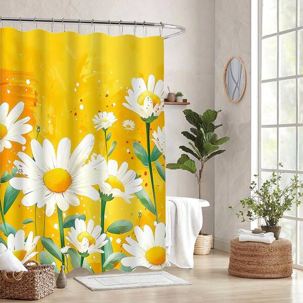 1pc Daisy Printed Shower Curtain, A Fresh And Elegant Countryside Daisywaterproof Shower Curtain With Hooks, Bathroom Decoration Accessories Home Decor