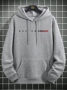 男士休闲波士顿印花宽松口袋连帽卫衣，秋冬季舒适运动服之选，长袖上衣 - 灰色 - 查看 6