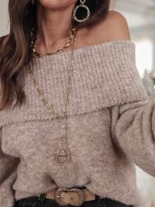 优雅女士长袖针织露肩毛衣保暖中长弹力常规长度套头衫 - 卡其色 - 查看 10