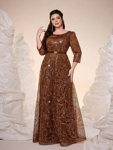 Mgiacy New Arrival Round Neck Plus Size Evening Gown Dress Sequin Contrast Lace Belt Mgiacy-Classy A-Line Dress - Brown - View 4