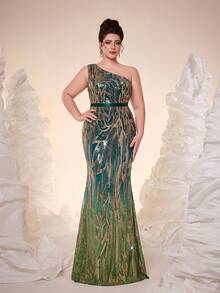 Đầm dạ hội lấp lánh, hàng mới về, đính sequin, lệch vai, dành cho người trưởng thành, cỡ lớn, có thắt lưng, viền bèo nhún, ôm sát, dáng đuôi cá, phù hợp cho dạ hội, đám cưới, tiệc tùng, khách dự đám cưới, đầm dạ tiệc. - màu xanh lá - Xem 3