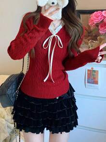 圣诞拼布二合一粗针织毛衣，红色，秋冬