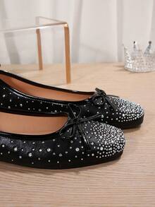2025 Rhinestone Bow Decor Casual Flat Shoes, Fairy Style For Teens - Black and White - View 8