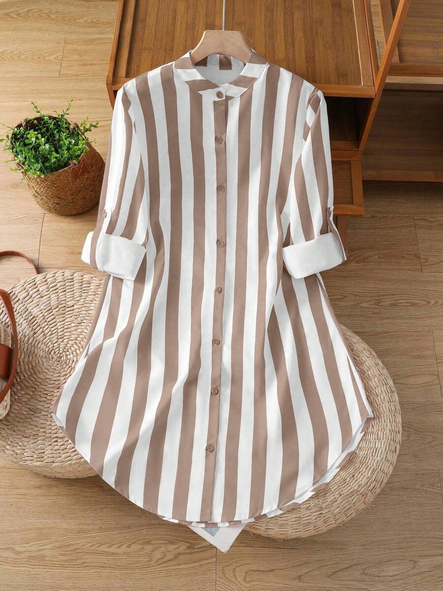 女式条纹纽扣衬衫休闲长款圆领卷袖节日春夏秋季女士秋季服装 - 咖色 - 查看 1