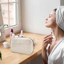GFU Cosmetic Bags For Women, Seersucker Cosmetic Bag, Travel Toiletry Stripe Makeup Bag, Large Women Aesthetic Organizer Storage Pouch, Girls Handbags Purses, Brown{"Color_name":"Brown"} - 棕色 - 查看 6