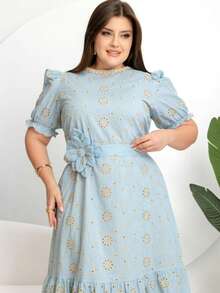 Vestido longo Luxo elegante lese bordado algodão com cinto flor manga curto