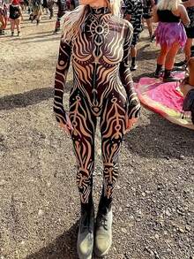 New Sexy Bodycon Round Neck Long Sleeve Contrast Color Jumpsuit For Women - Black - View 2