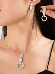 Damen Ring Faux Perle Anhänger Ohrringe Schmuckset mit Strass Rundhalskette und Ohrstecker, Zwei-Teile-Set, neutraler Schmuck Geschenk für Verwandte und Freunde, Geburtstag/Party/Fest Geschenk - Silber - Übersicht 1
