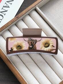 1 pezzo/2 pezzi Fermaglio per capelli a forma geometrica della serie cowgirl occidentale, accessorio per capelli casual da donna per raccolti, design a motivo di girasole e mucca, articolo versatile per autunno/inverno