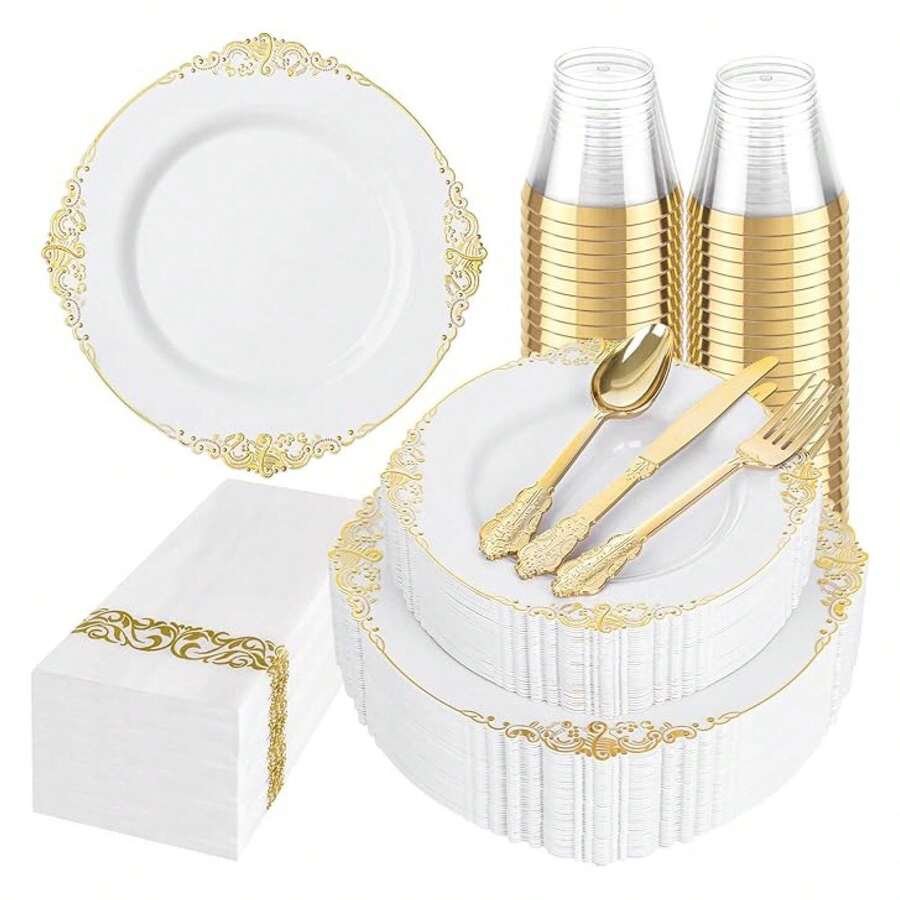 Juego de 175 platos desechables - Vajilla de plástico blanco para 25 invitados - Como imagen/V - Ver 1