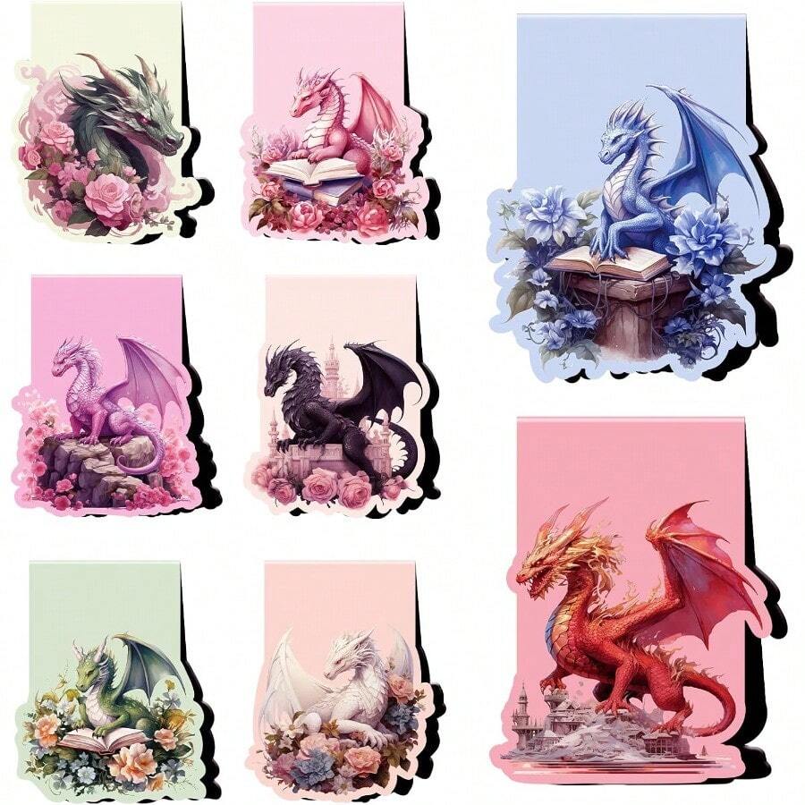 Dragon Flower Magnetic Bookmark 8 Pcs Fantastic Book Marks Magnets Dragon Floral Leaf Magnetic Bookmarks Cool Animal Bookmark Page Clip Gifts For Book Lovers Students Teacher School Reading - Dragon - 查看 1