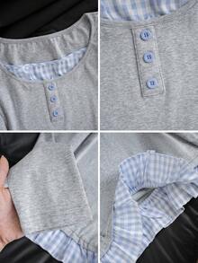 可爱格子拼接二合一纽扣装饰长袖T恤，修身剪裁，适合拍摄照片，秋冬季 - 灰色 - 查看 8