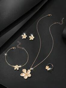 4pcs/Set Fashionable & Elegant 5-Petal Flower Jewelry Set, Earrings, Ring, Bracelet, Necklace Set, Suitable For Christmas And Party Outfits