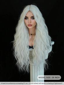 28 Inch Loose Long Wave White Wig For Fashion Women Gorgeous Middle Part Wavy Wig, Soft Synthetic Heat Resistant Fiber Hair Replacement Cosplay Costume Wigs For Girls Halloween Wear, Music Festival Party Use - White - View 5