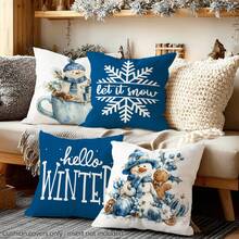 4pcs Christmas Blue Watercolor Snowman & Snowflake Illustration "Let It Snow & Hello Winter" Text Print Cushion Cover [No Pillow Insert], 17.7*17.7in(45*45cm), [Single-Sided Printing] Merry Christmas Holiday Decorative Polyester Pillow Case, Christmas Decor, Home Decor, Bedroom Decor