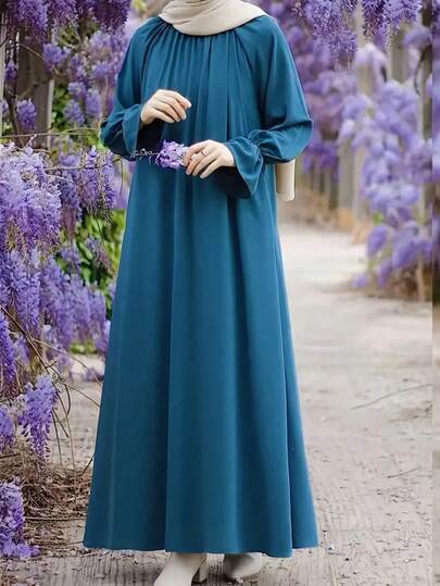 Women's Solid Color Pleated Long Sleeve Traditional Arabic Dress