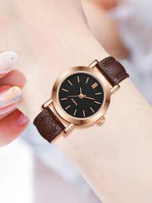 1枚女裝手錶，圓形指針石英手錶 - 棕色 - 查看 7