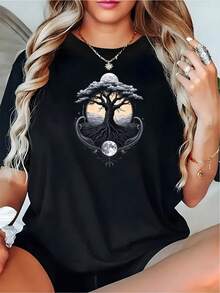 1pcs,100 Percent Cotton,Women's 180g Pure Cotton T-Shirt - Mystical Tree Of Life Hot Stamping Print With Moon & Mountain Backdrop, Geometric Nature Design For Spiritual Seekers & Casual Wear, Breathable Short Sleeve Tee,Graphic T Shirts - 黑色 - 查看 8
