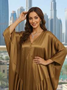 女士时尚优雅阿拉伯风格连衣裙宽松休闲V领蝙蝠袖摩洛哥长袍连衣裙 - 金色 - 查看 4