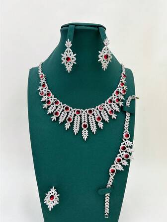 5pcs Luxury Jewelry Set: Necklace, Earrings, Ring, Bracelet, Decorated With Pink Teardrop Artificial Zirconia Stones, Suitable For Middle Eastern Parties, Weddings, Formal Occasions, Daily Wear, Gifts For Girlfriend, Mother, Teacher