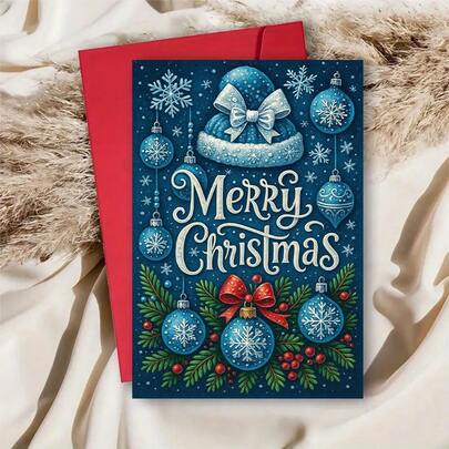 1PCMerry Christmas Greeting Card With Elegant Blue Winter Design Perfect For Friends Family Coworkers And Holiday Celebrations Spread Festive Cheer This SeasonEnvelope + Greeting Card