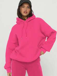 Bright Pink Women's Pullover Sweatshirt With Shiny Star Pattern, Comfortable Polyester Long Sleeve Drawstring Sweatshirt, Suitable For Daily Wear - Hot Pink - View 3