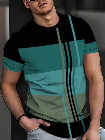 Camiseta divertida de rayas 3D para hombres - Camiseta casual de cuello redondo de poliéster, lavable a máquina