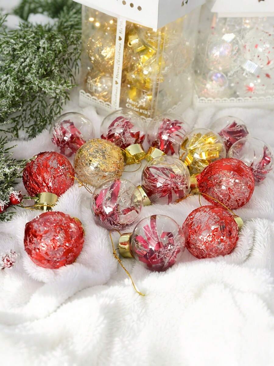 12 pièces Boules de Noël incassables transparentes, décoration de boules en plastique à suspendre avec décorations rembourrées exquises