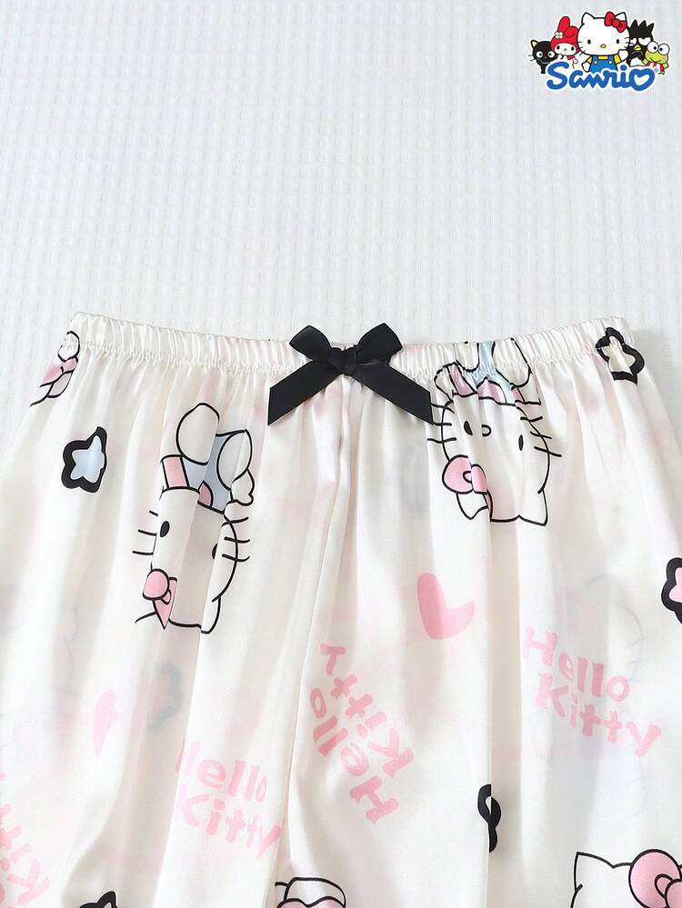SANRIO 3 Peças Conjunto de Pijama Feminino, Top com Gola Hello Kitty de Manga Curta com Bolso e Calça/Short com Laço, Roupa Casual para Uso Doméstico, Roupas de Outono e Inverno - Branco - Visão 6