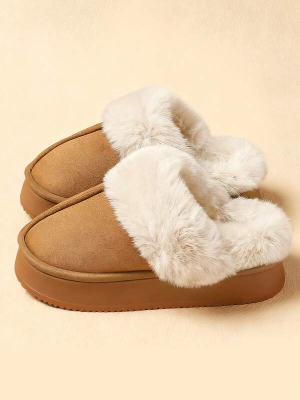 1 Pair Brown Round Toe Slip-On Fluffy Faux Fur Lined Women's Slippers, Furry Lining With Faux Fur Trim, Fashion Design, 3cm Platform, Unisex Indoor Home Bedroom Office Casual Slippers, Classic Men Outdoor Wear, Comfortable Non-Slip Warm, Suitable As Birthday, Christmas, Halloween Gift For Friends And Loved Ones