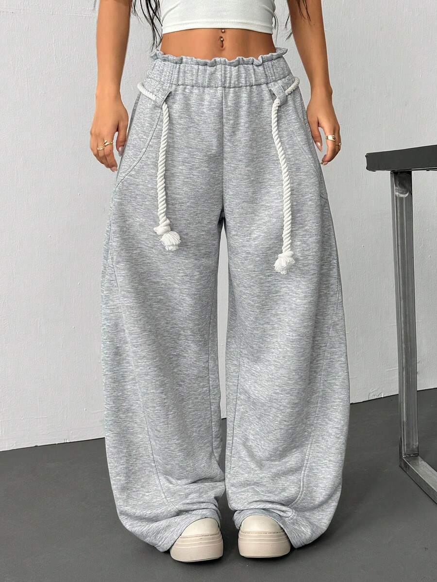 Women's Paper Bag Waist High-Waisted Casual Wide Leg Jogger Pants With Faux Pockets And Long Drawstring Design - Grey - View 1