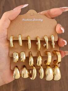 3-9 Pairs Exaggerated Bohemian Vintage Gold Geometric Wave Hoop Earrings Set, Suitable For Women's Daily Wear, Oversized Vintage Earring Set, Great Gift For Family And Friends