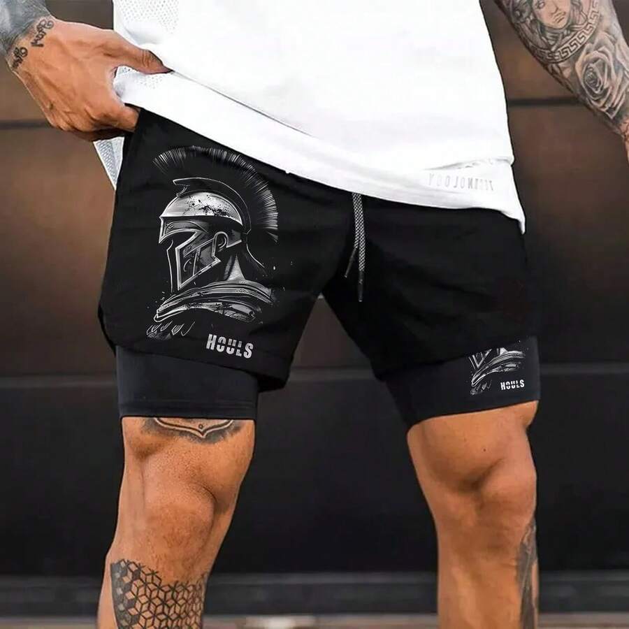Spartan Men's 2-In-1 UV And Compression Bermuda Shorts For Gym And Running - màu đen - Xem 1