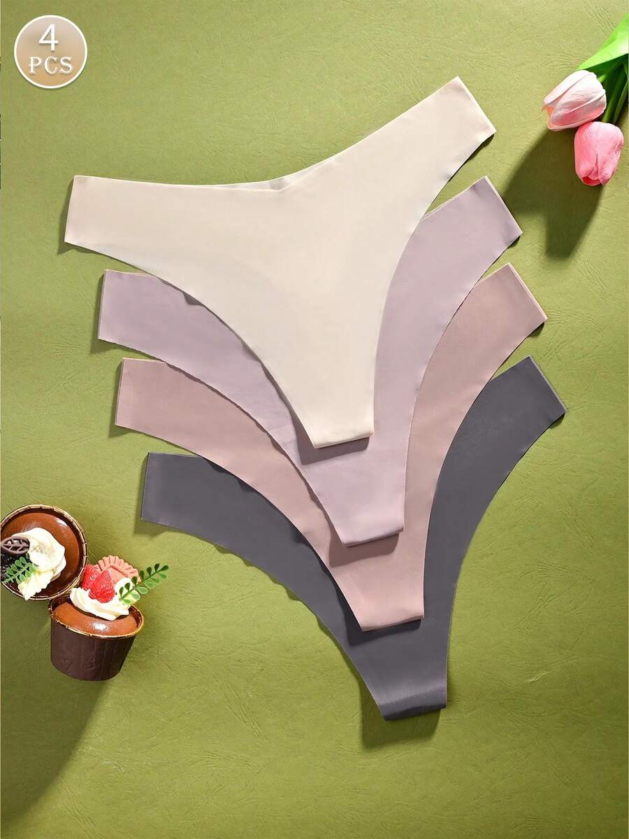 4pcs Women's Comfortable Skin-Friendly Fabric Solid Color Thong Panties, Simple Style Underwear For Home Wear - Multicolor - View 1