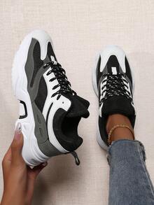 1双女士舒适软底网面透气低帮圆头休闲时尚百搭厚底运动鞋，适合所有季节 - 黑色 - 查看 7