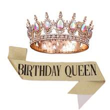 2 pièces/set Ensemble de couronne de strass en forme de larme pour anniversaire, couronne dorée reine d'anniversaire avec bretelle, accessoires pour cheveux joyeux anniversaire pour femmes, décorations de fête