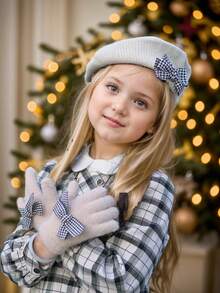 2pcs/Set Houndstooth Bow Knit Beret Hat & Faux Fur Lined Gloves Set, Fashionable, Vintage, Comfortable, Thin, Suitable For Early Winter, Girls & Toddlers, Black