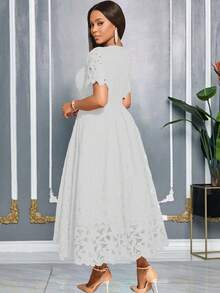 AOMEI 婚礼宾客礼服，新娘礼物礼服，中长款婚礼宾客礼服，女士圆领镂空短袖优雅A字长款蕾丝鸡尾酒礼服，新年夜 - 白色 - 查看 4