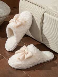 女士时尚冬季拖鞋，带可爱大蝴蝶结，家居鞋 - 白色 - 查看 5